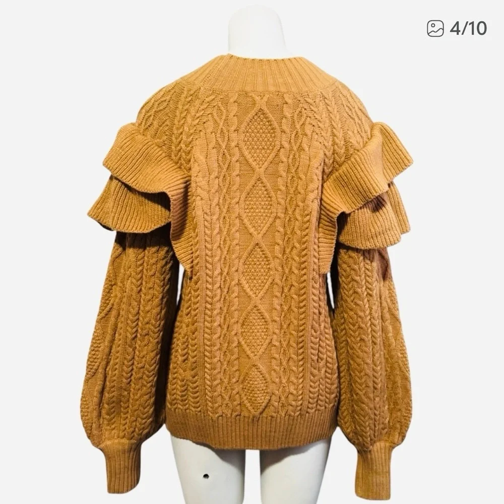 Mustard Cable Knit Ruffle Sweater - Chunky Cozy Fall Pullover - Women’s XL - Picture 5 of 10